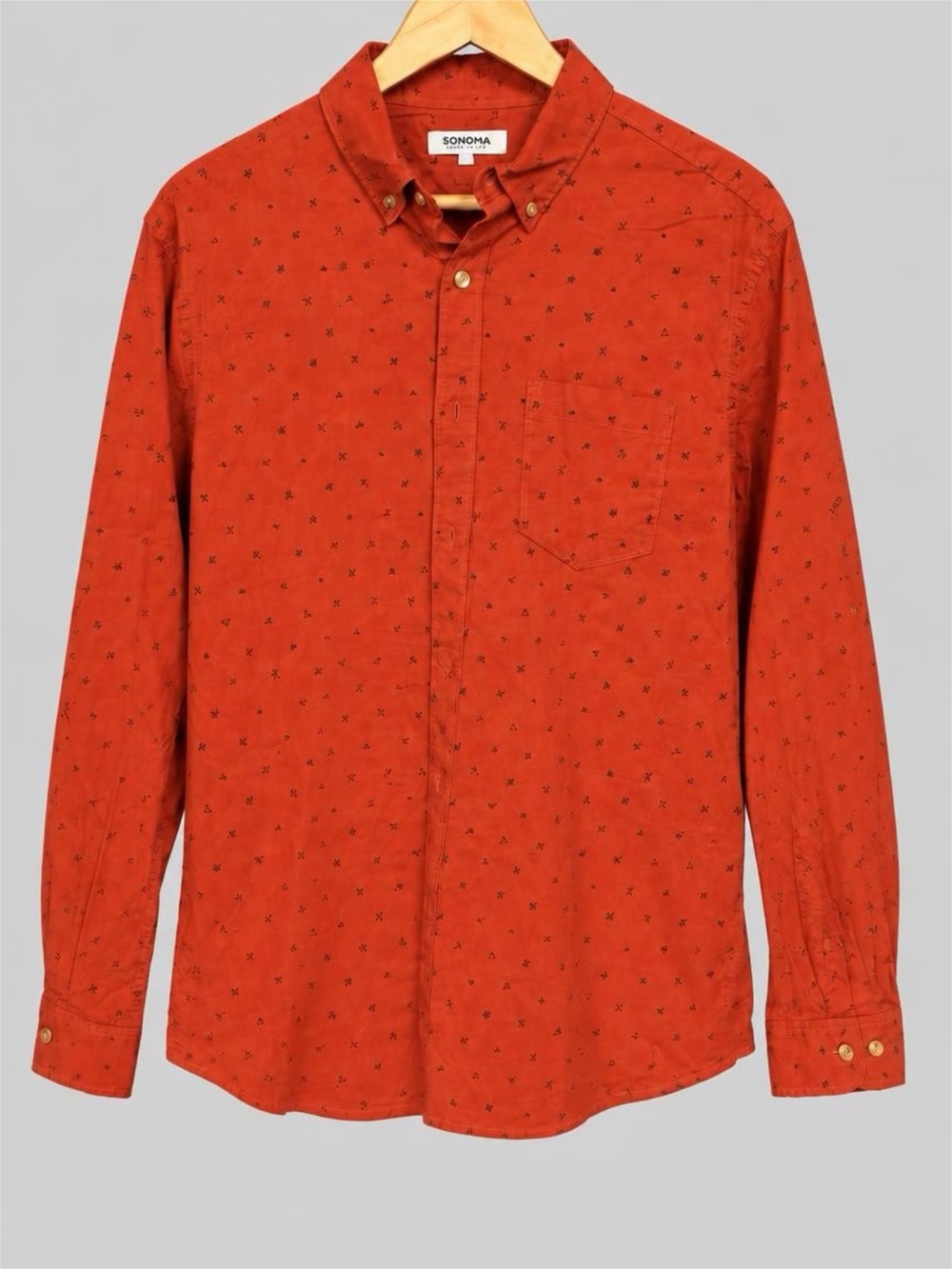 NWT Sonoma Men's Button-Down Shirt in Rust with Small Black Print - L